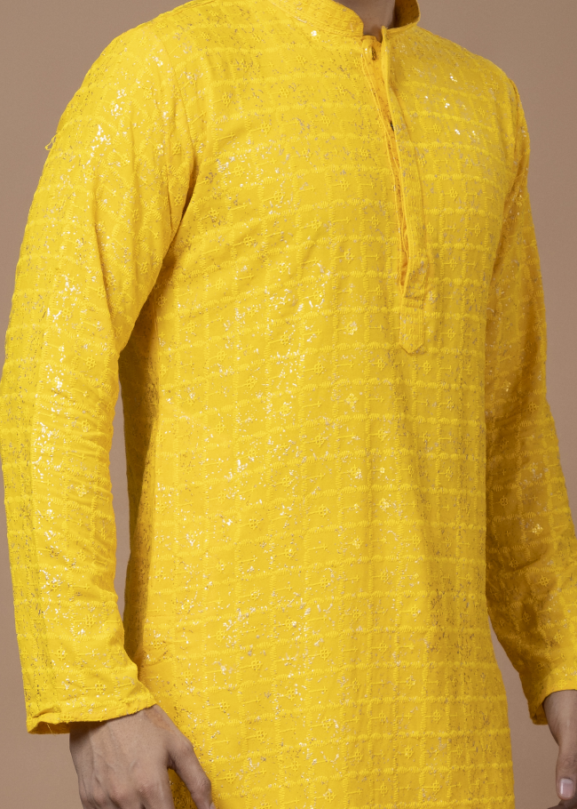 Yellow Foil Print Kurta Set