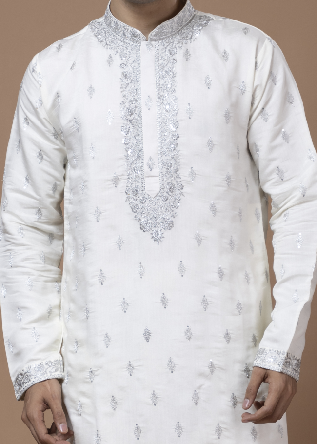 Silver Embroidery White Kurta Set