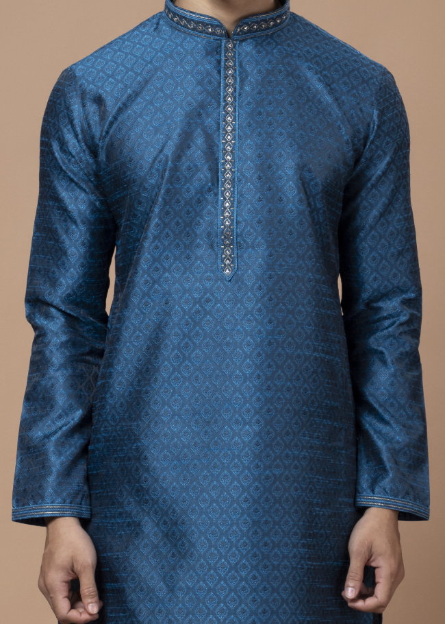 Blue Handwork Self Design Kurta Set