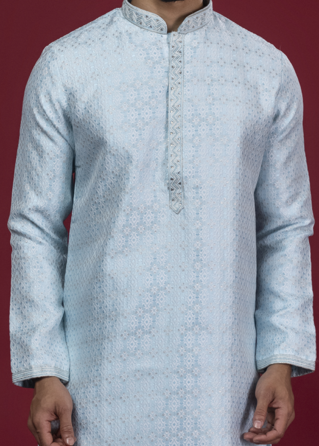 Blue Handwork Self Design Kurta Set