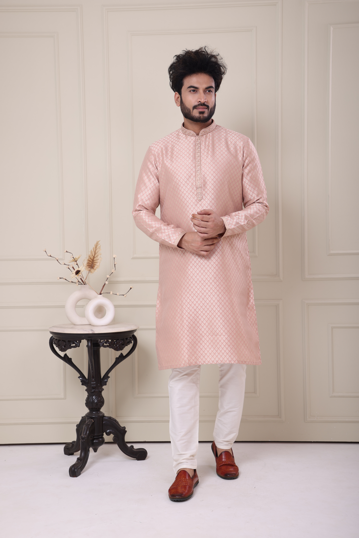 Peach Handwork Self Design Kurta Set