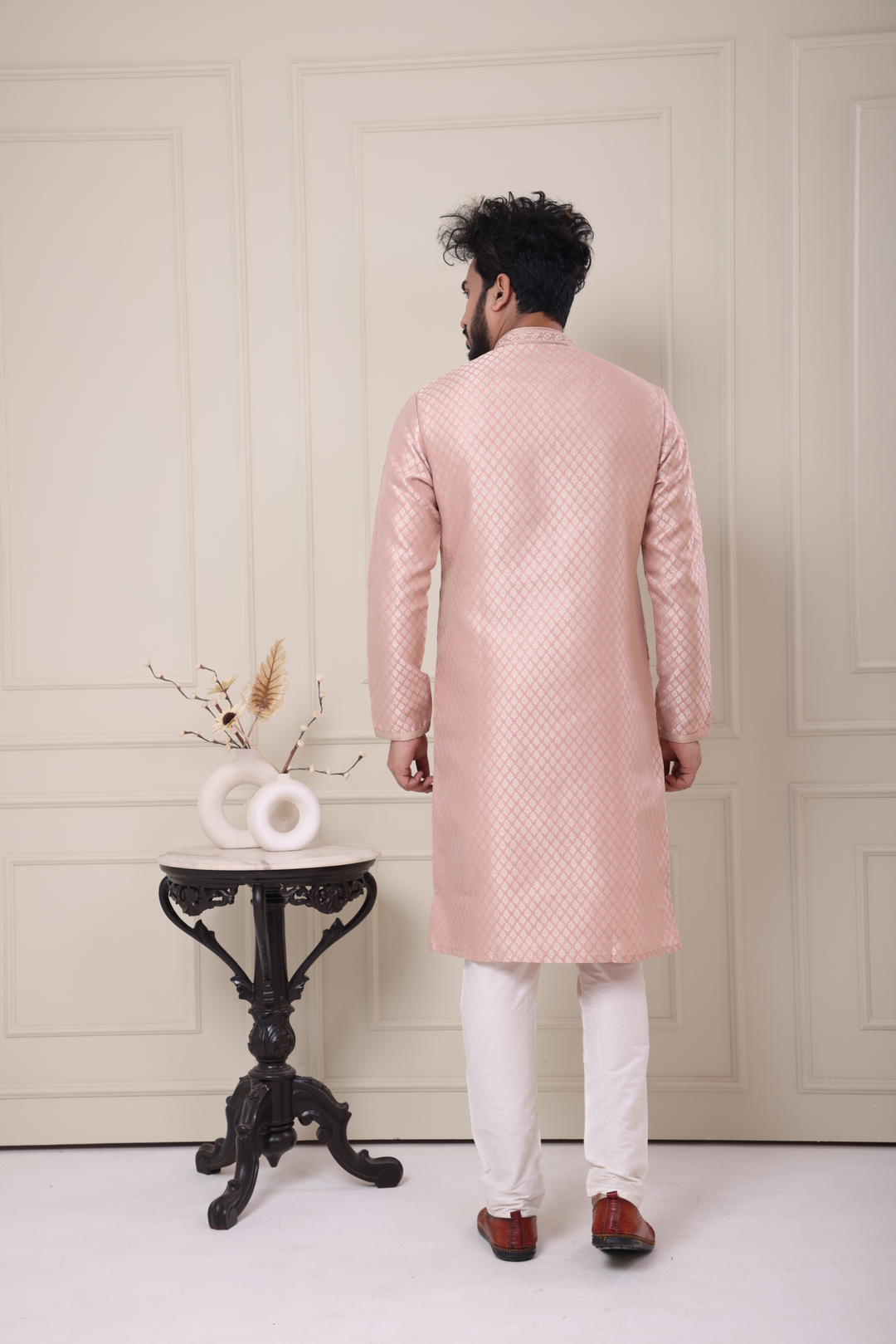 Peach Handwork Self Design Kurta Set