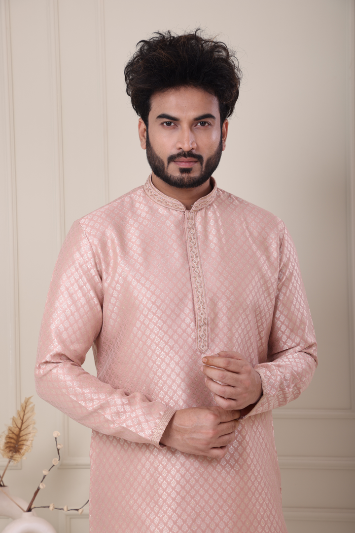 Peach Handwork Self Design Kurta Set