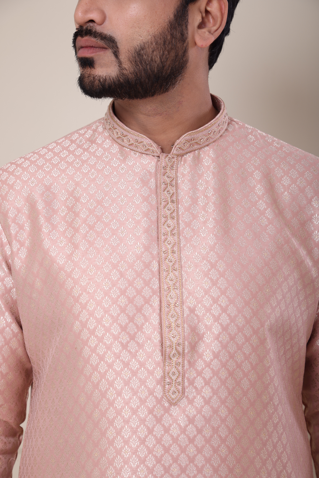 Peach Handwork Self Design Kurta Set