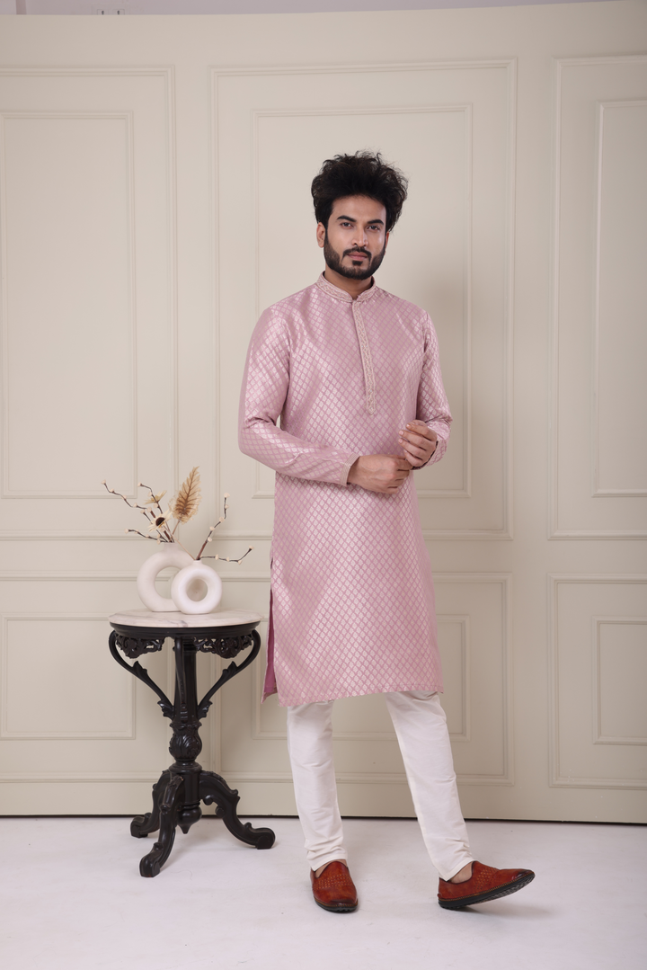 Pink Handwork Self Design Kurta Set