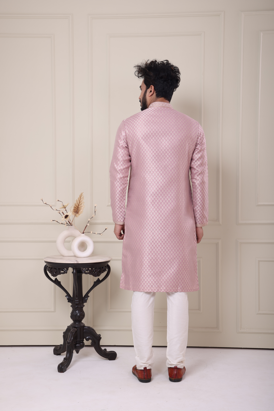 Pink Handwork Self Design Kurta Set