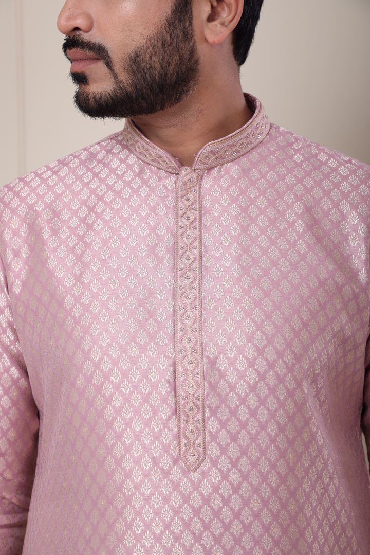 Pink Handwork Self Design Kurta Set