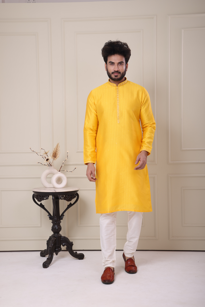 Yellow Handwork Self Design Kurta Set