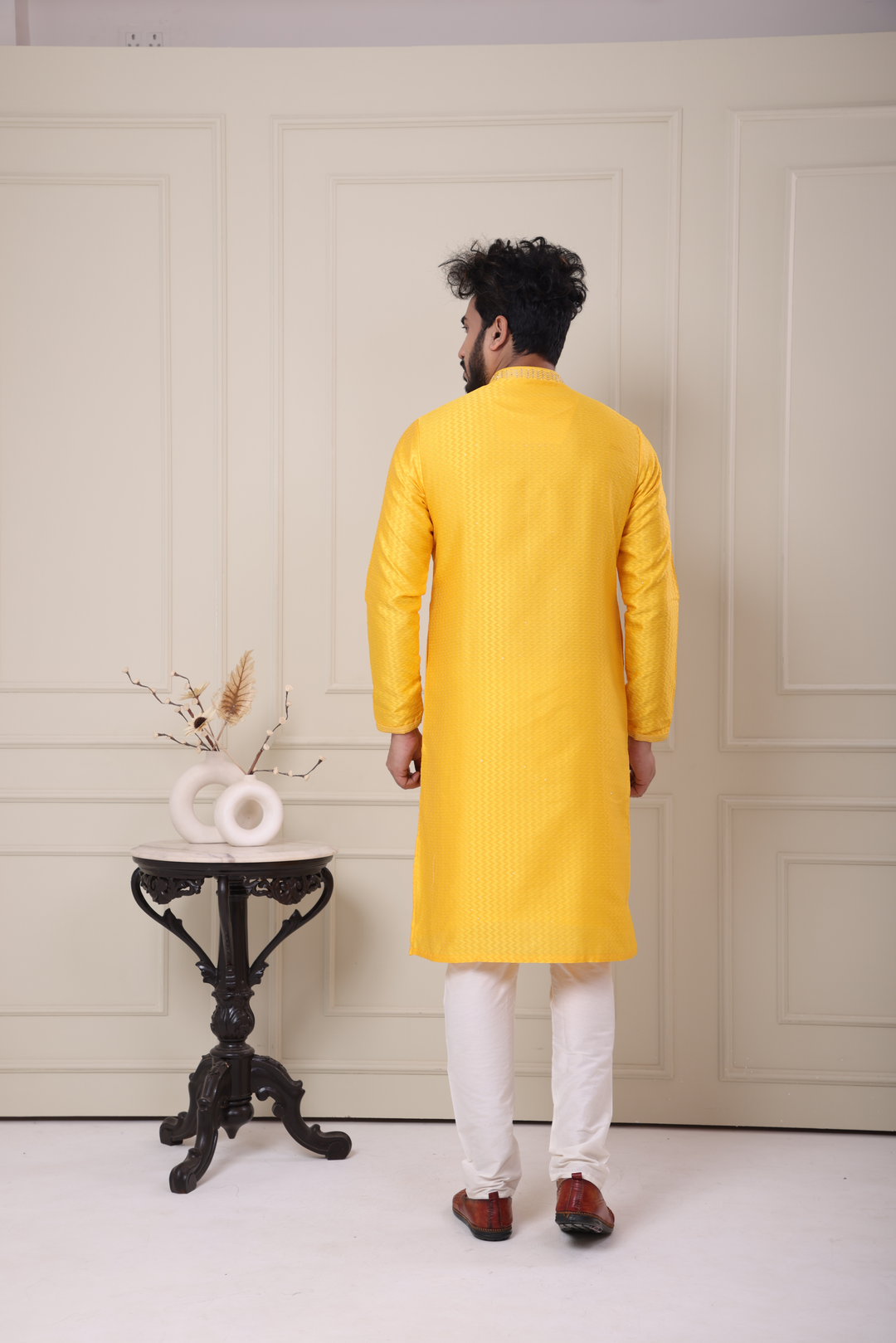 Yellow Handwork Self Design Kurta Set