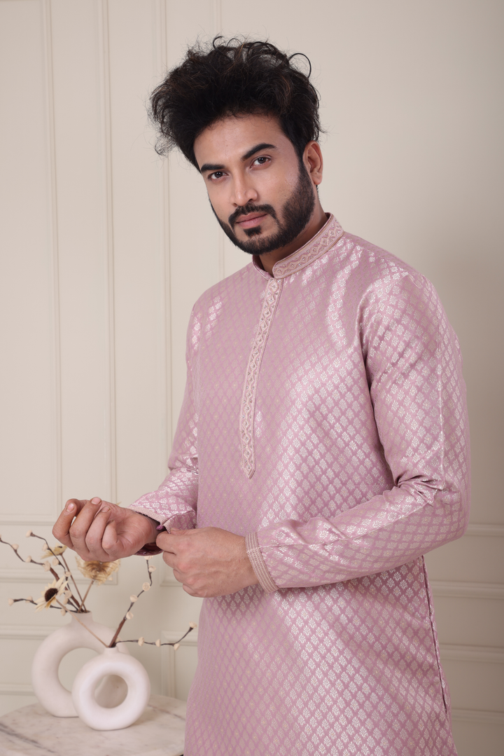 Pink Handwork Self Design Kurta Set