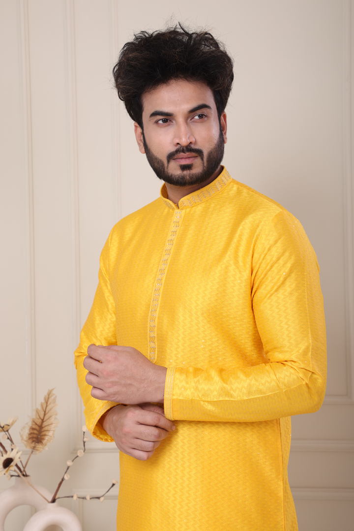 Yellow Handwork Self Design Kurta Set