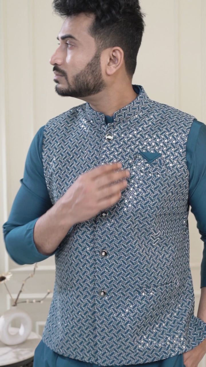 Blue Kurta Jacket Set For Men