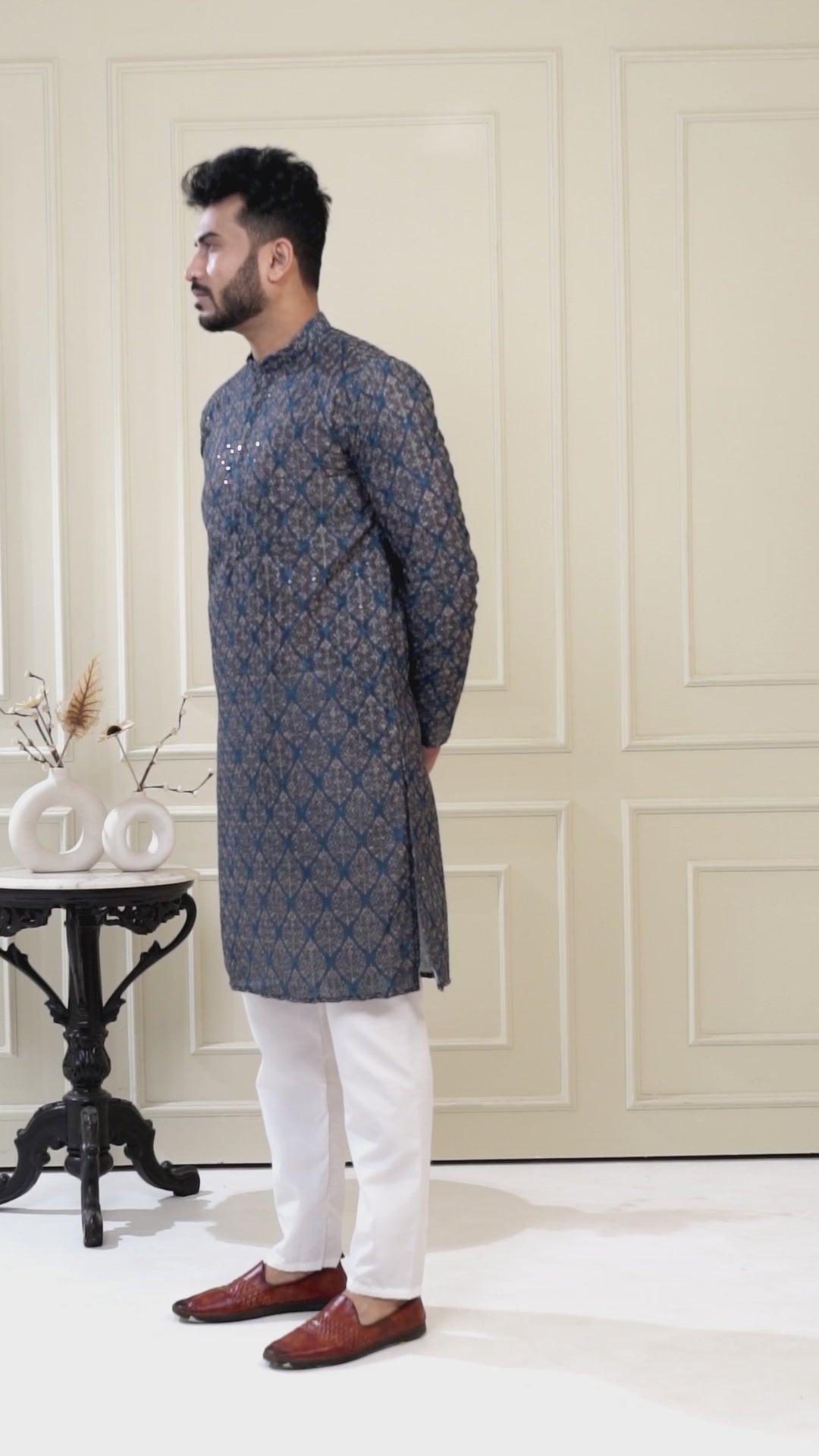 Chikankari Printed Peacock Blue Kurta Set