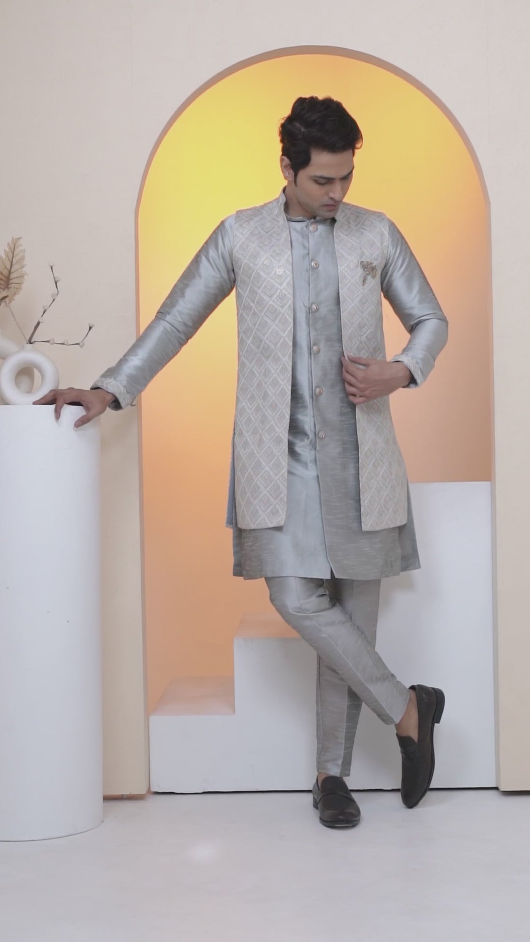 Grey Sequin Indo-Western Kurta Set For Men