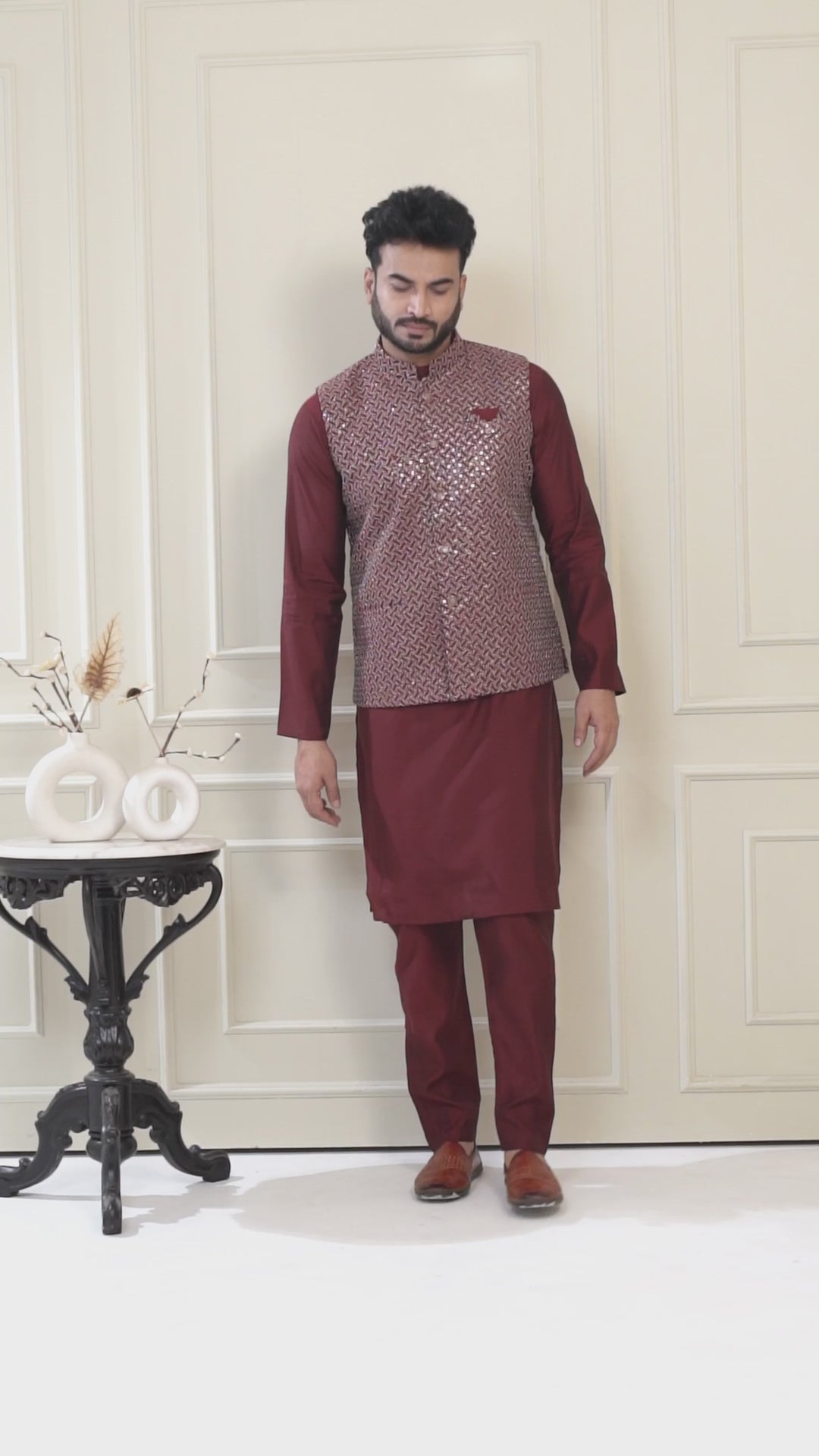 Maroon Kurta Jacket Set For Men