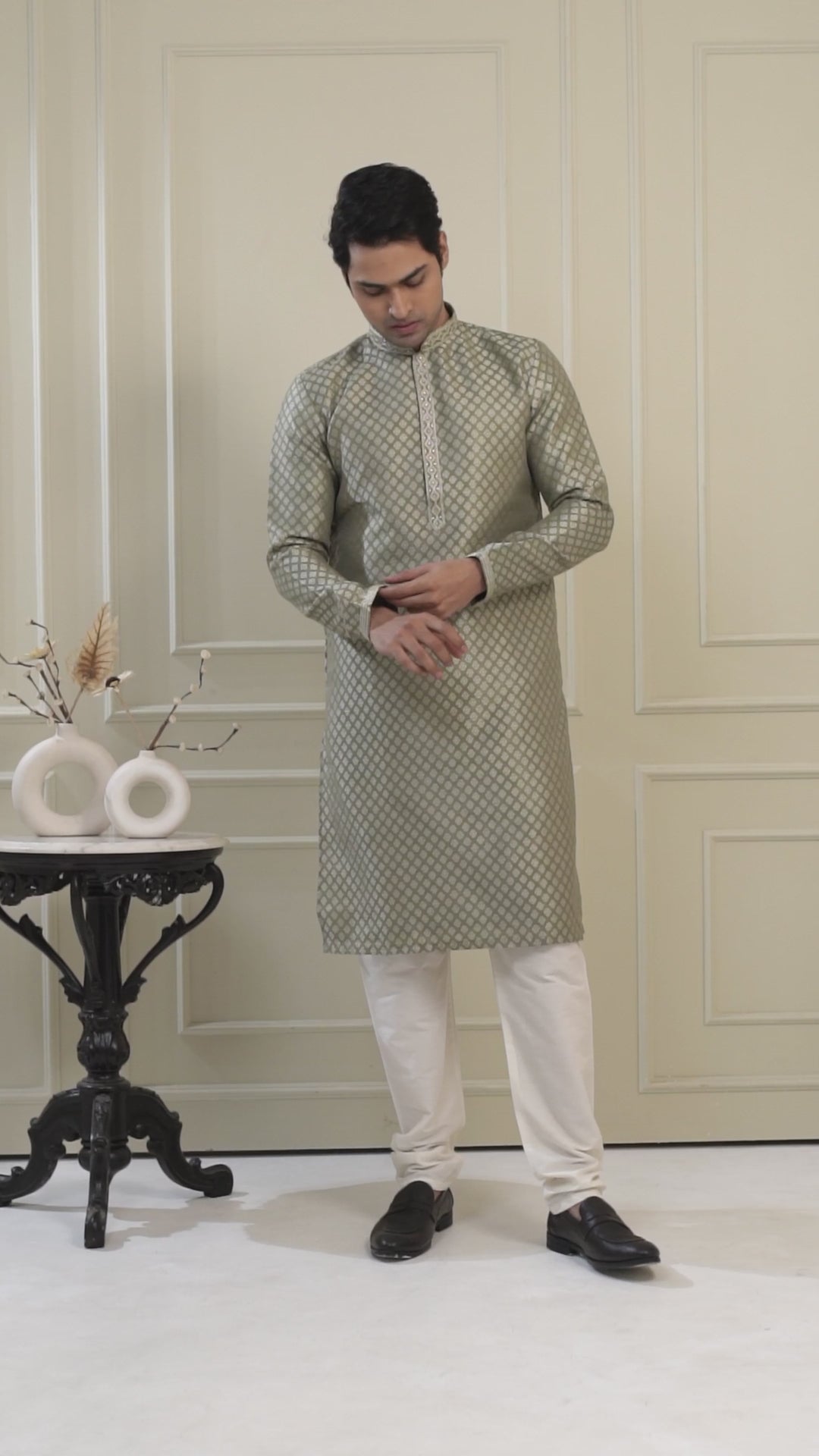 Green Handwork Self Design Kurta Set