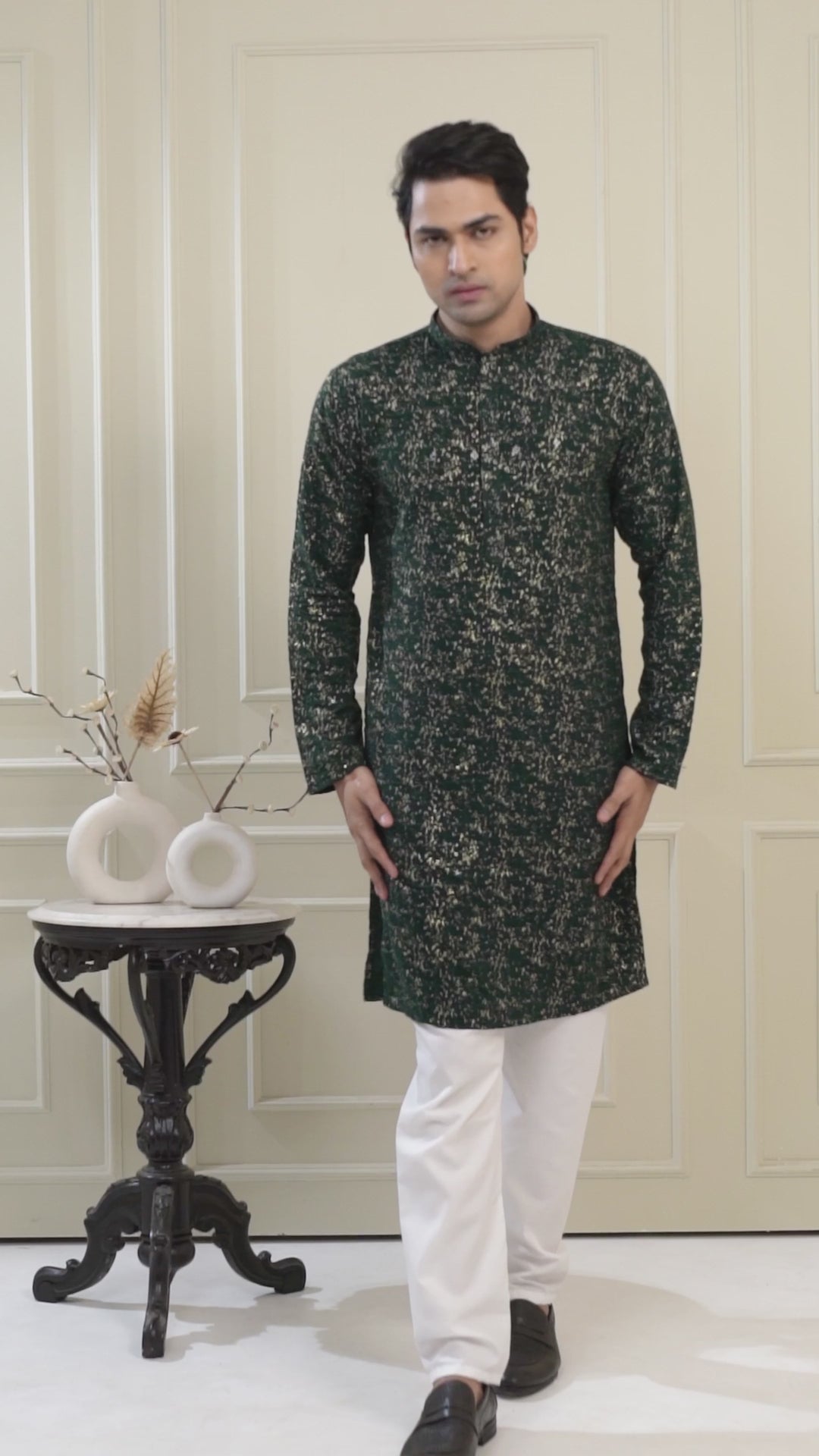 Dark Green Foil Print Kurta Set