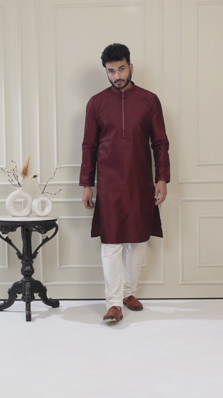 Maroon Handwork Self Design Kurta Set