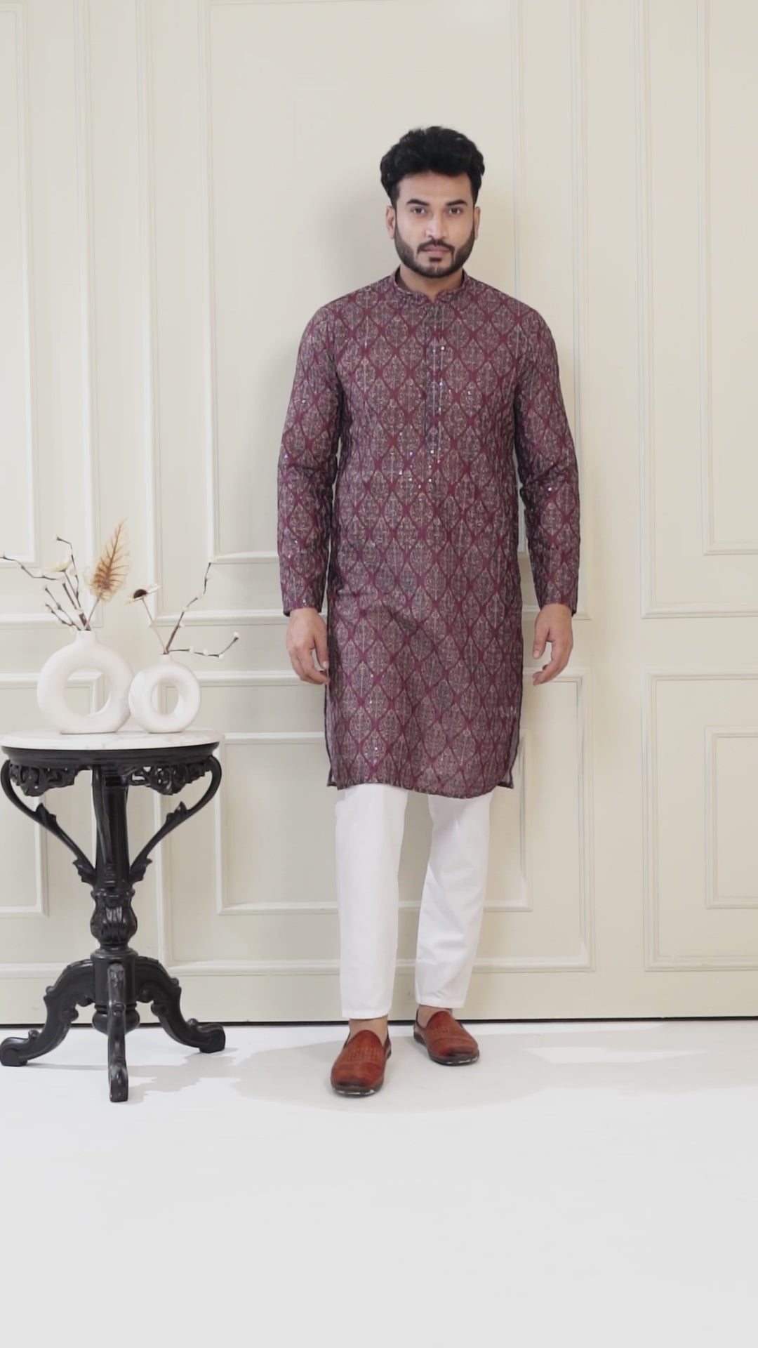 Chikankari Printed Wine Kurta Set