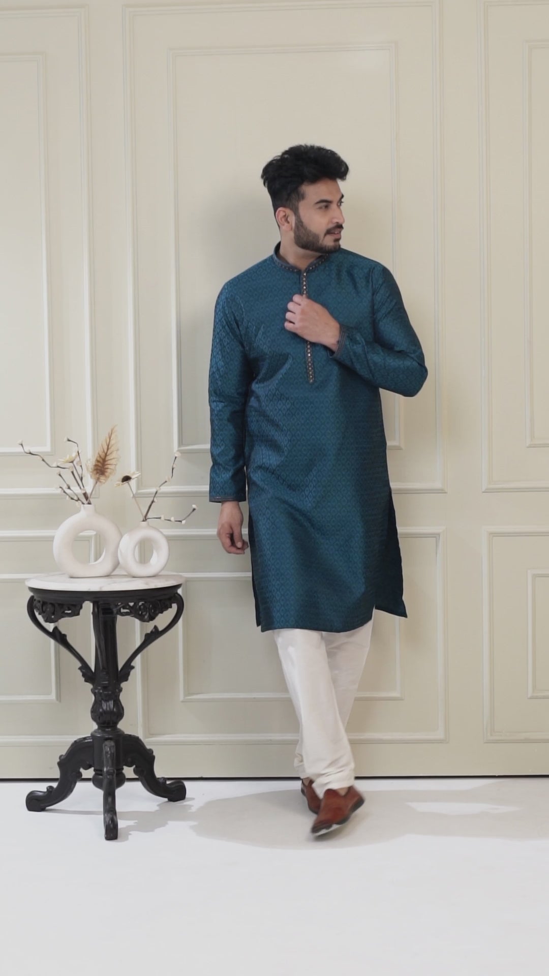 Blue Handwork Self Design Kurta Set