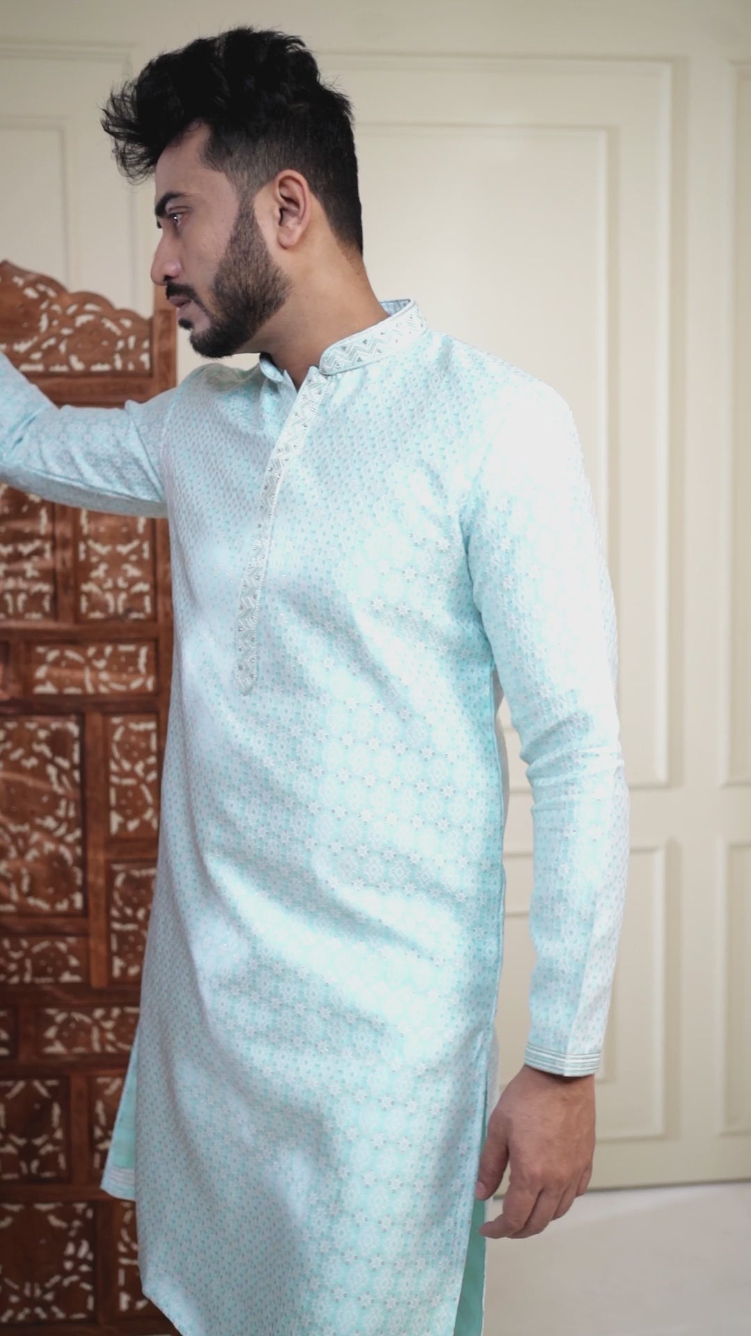 Blue Handwork Self Design Kurta Set