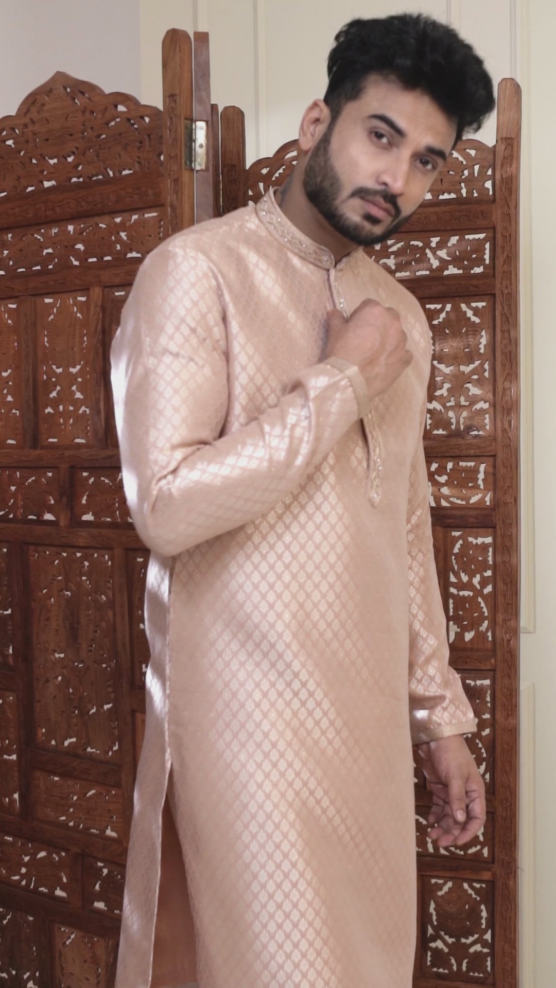 Peach Handwork Self Design Kurta Set