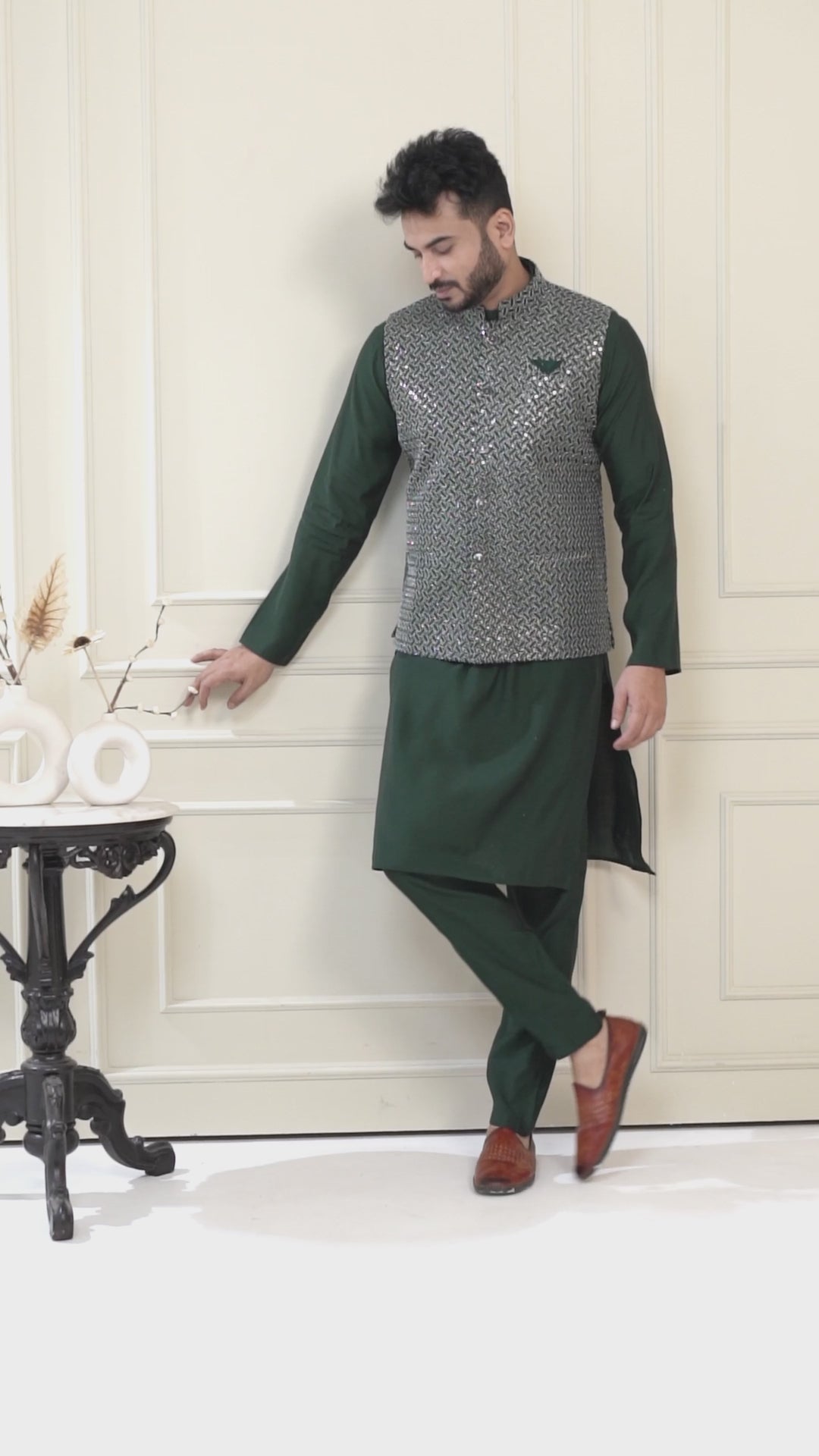 Green Kurta Jacket Set For Men