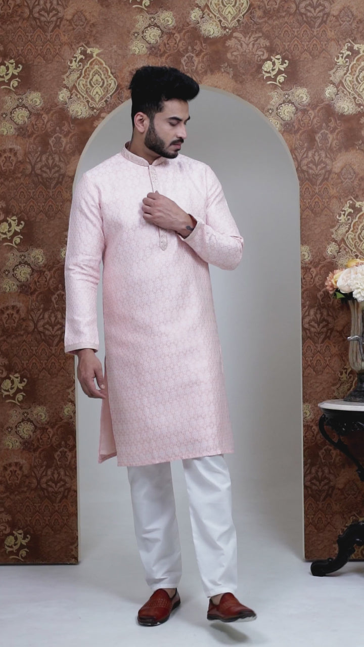 Peach Handwork Self Design Kurta Set