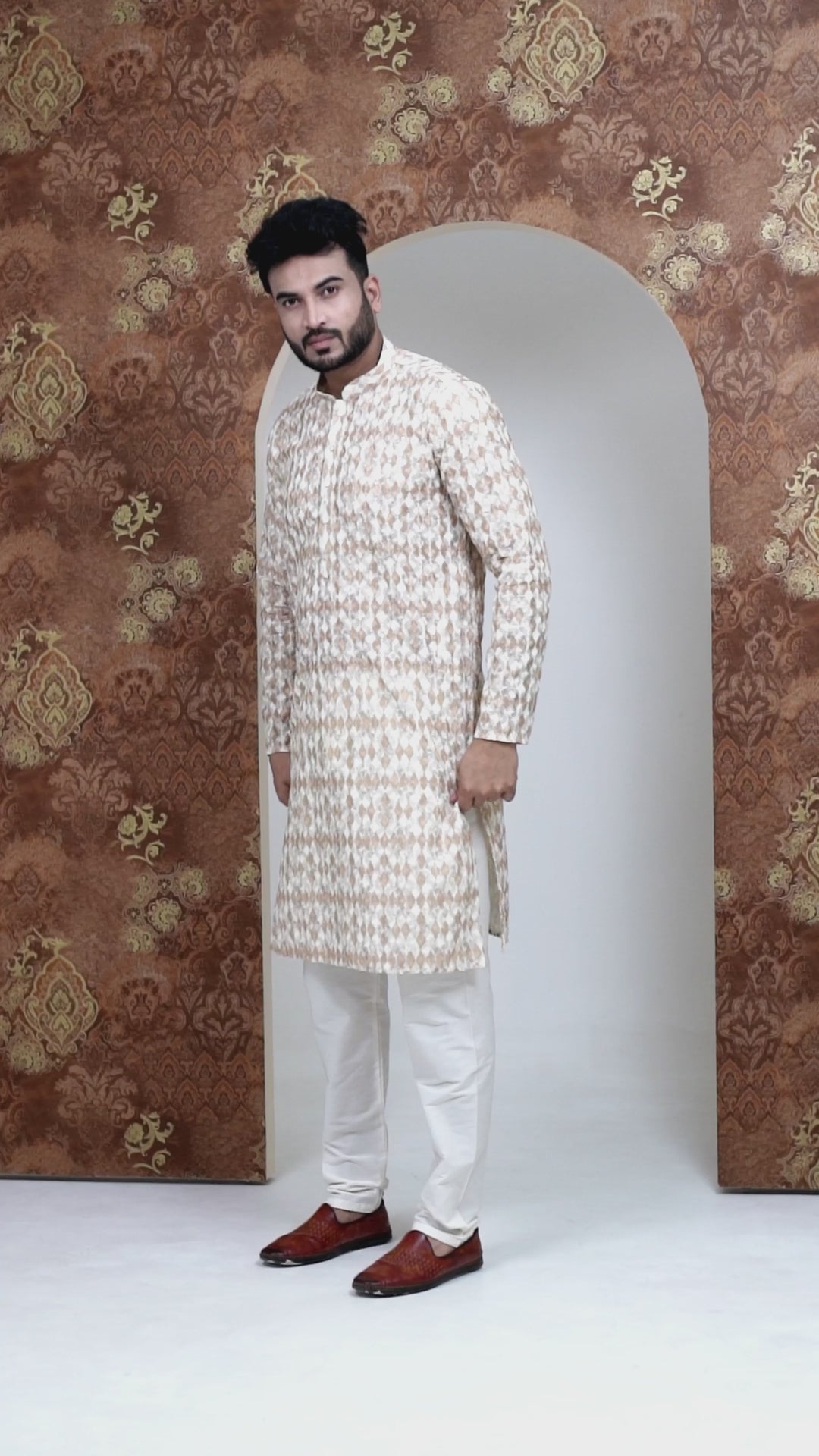 Chikankari Printed Beige Kurta Set