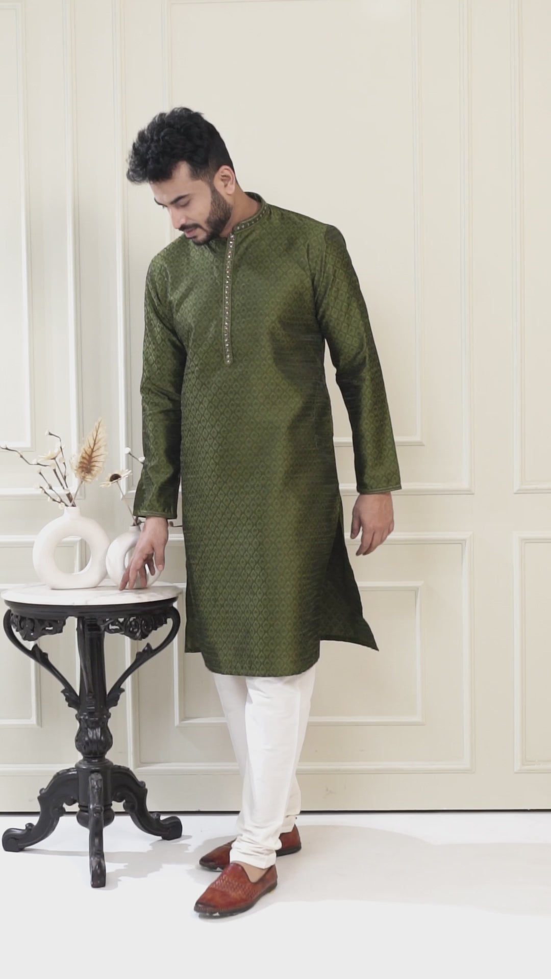 Green Handwork Self Design Kurta Set