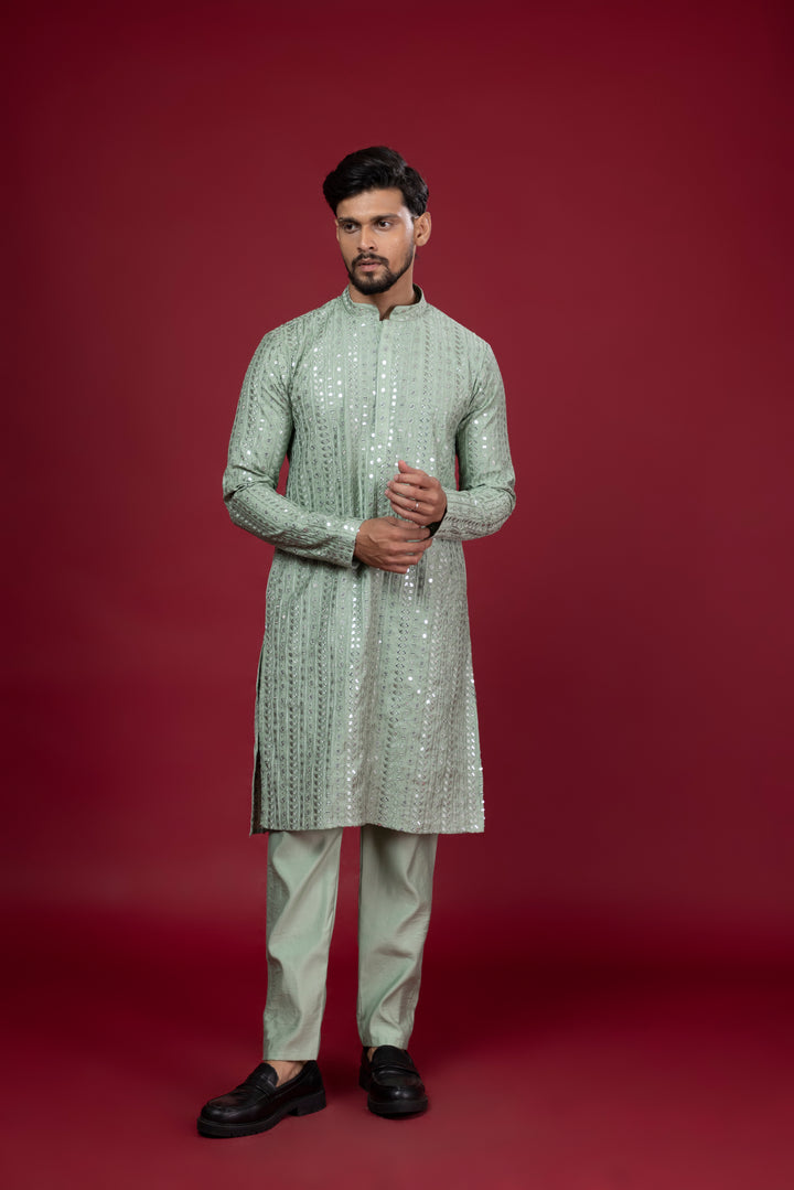 Sequin Mirror Look Green Kurta Set