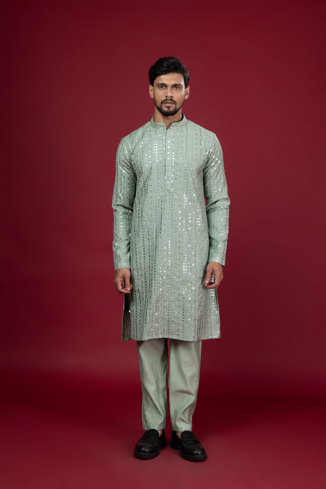 Sequin Mirror Look Green Kurta Set