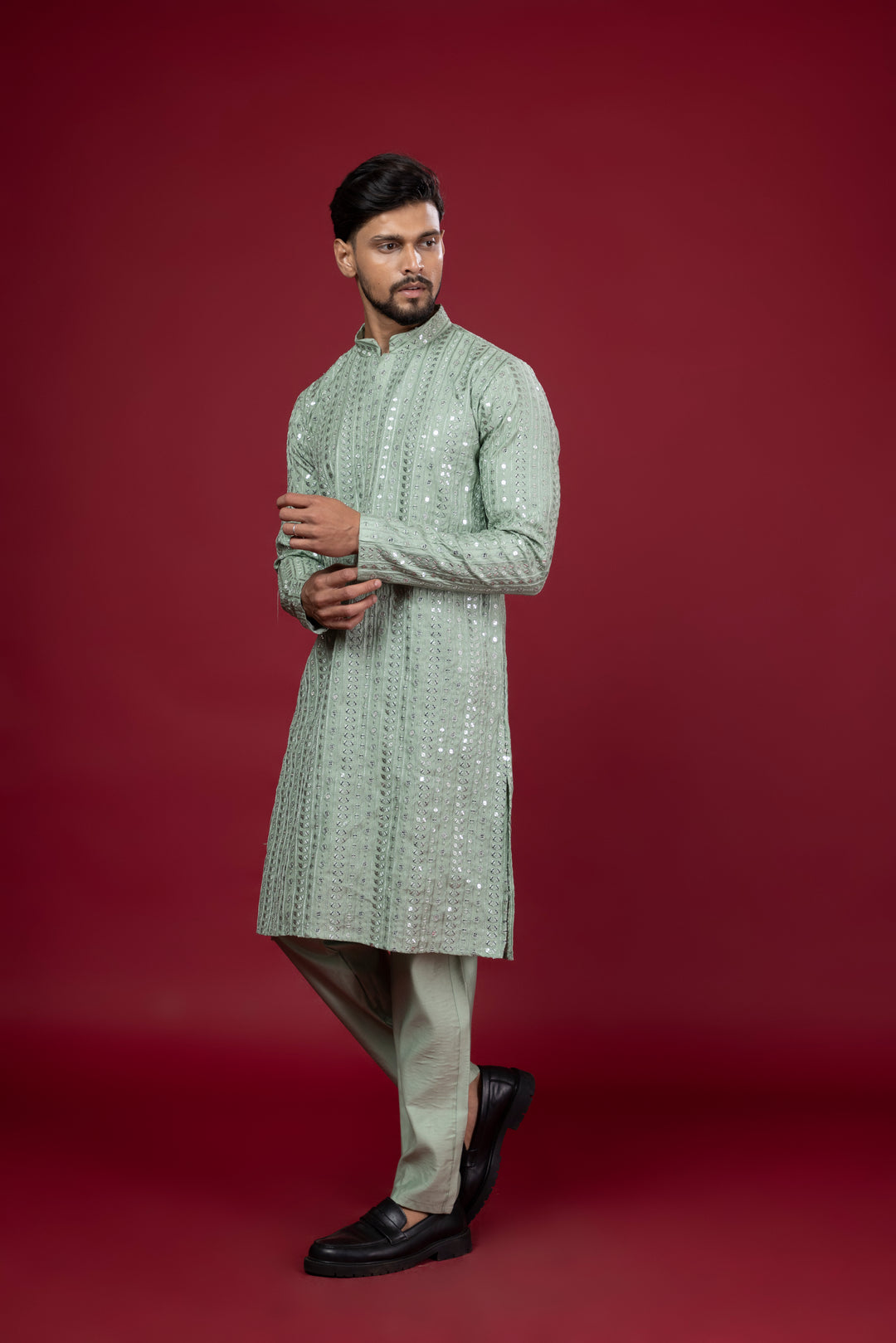 Sequin Mirror Look Green Kurta Set