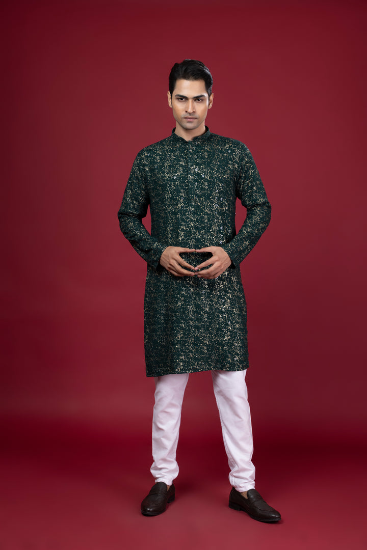 Dark Green Foil Print Kurta Set