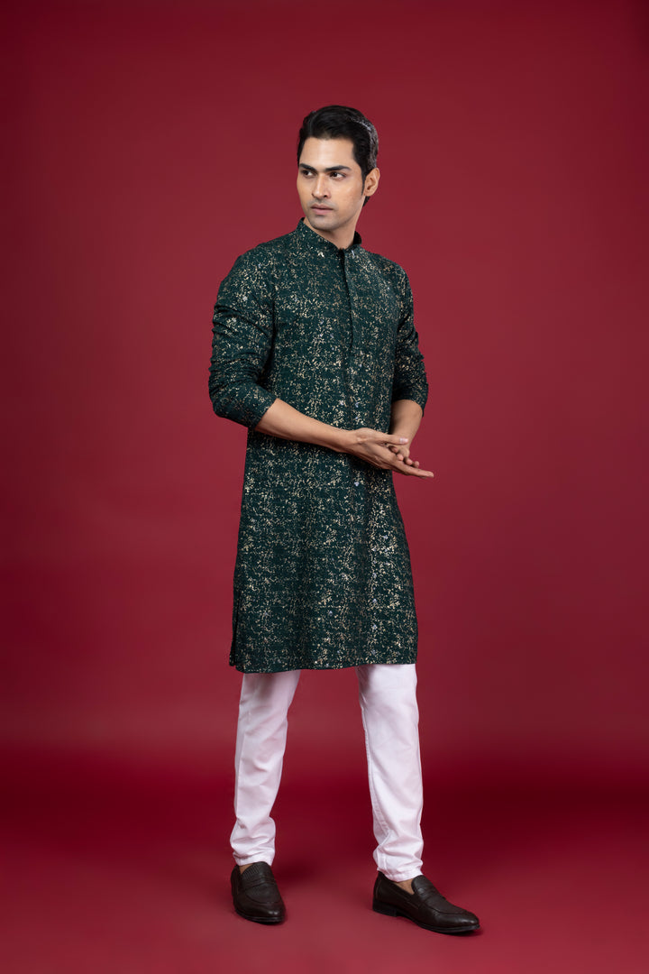 Dark Green Foil Print Kurta Set