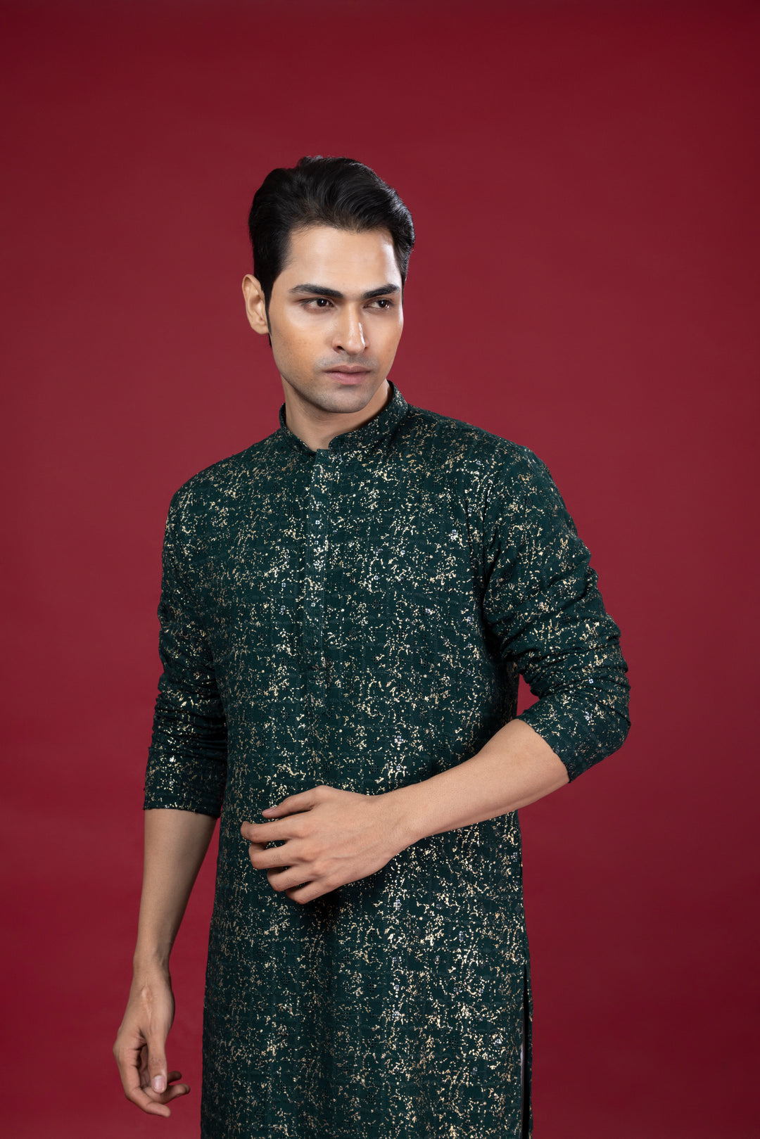 Dark Green Foil Print Kurta Set