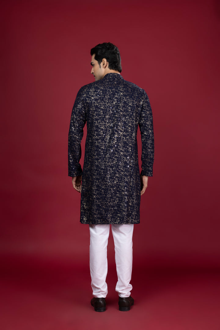 Navy Blue Foil Print Kurta Set