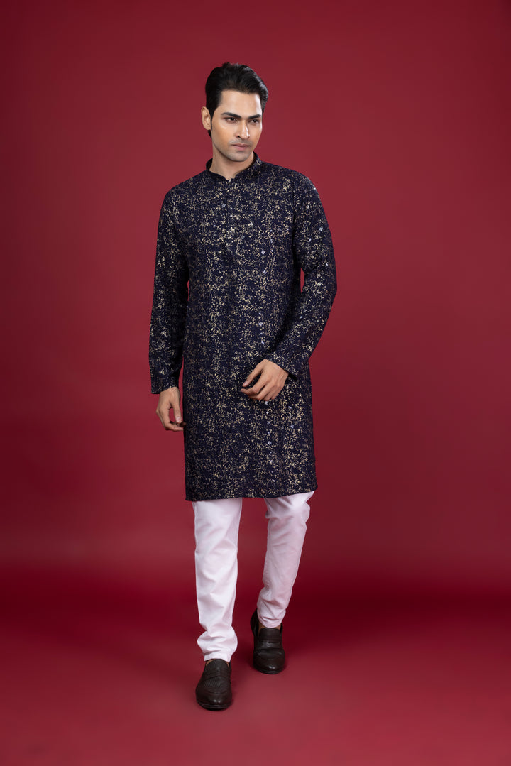 Navy Blue Foil Print Kurta Set