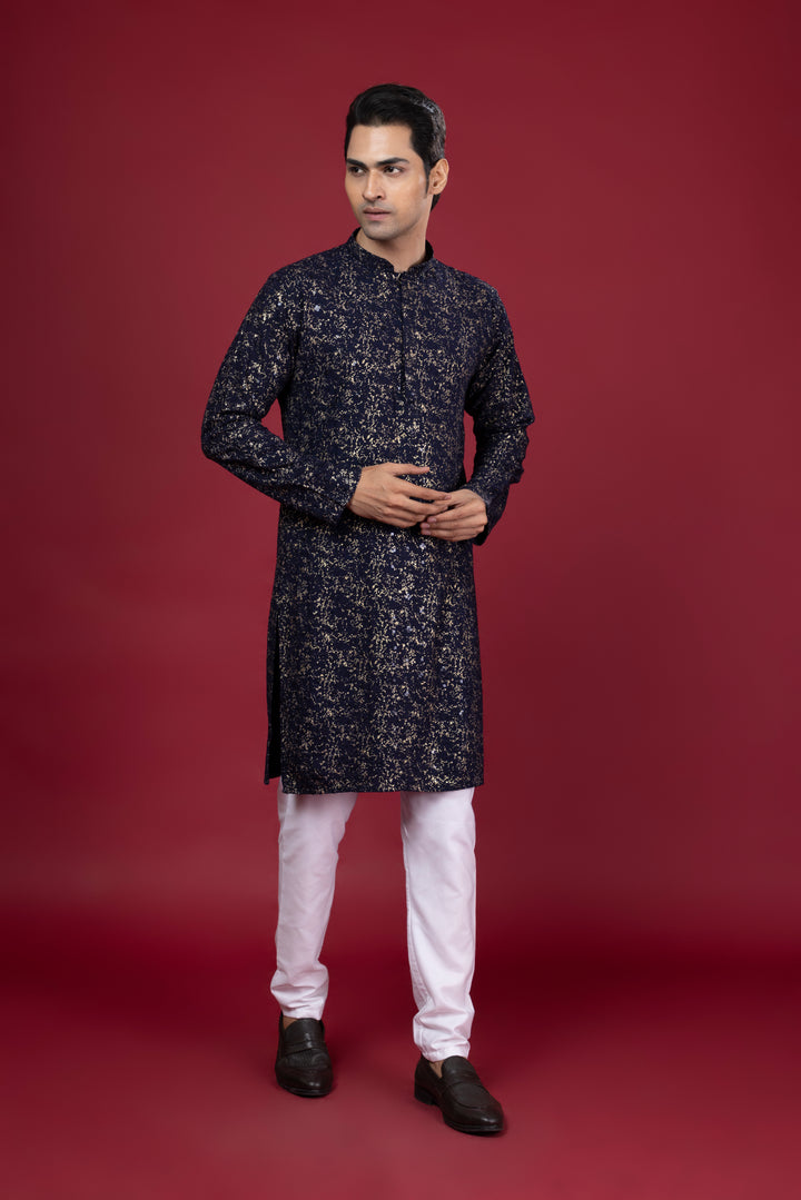 Navy Blue Foil Print Kurta Set