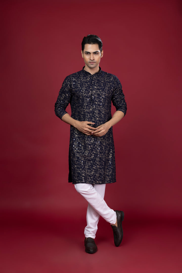 Navy Blue Foil Print Kurta Set