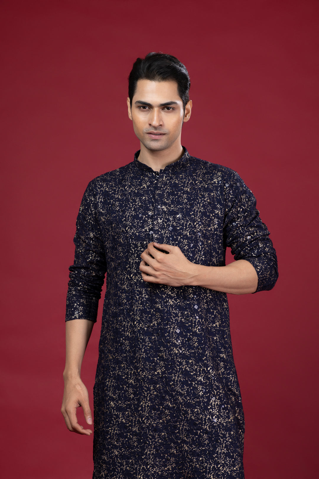 Navy Blue Foil Print Kurta Set