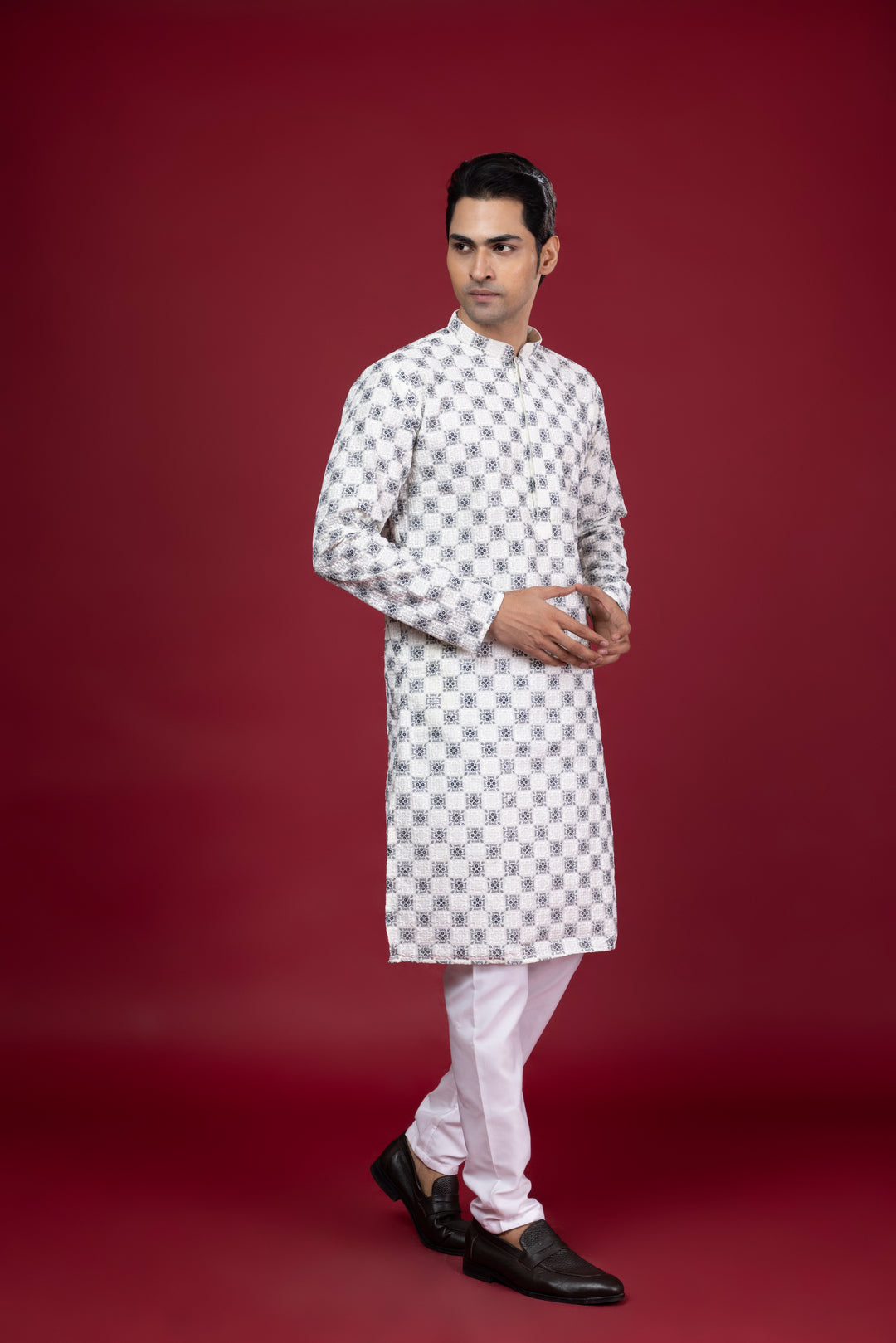 Off White Thread Work & Sequin Kurta Set