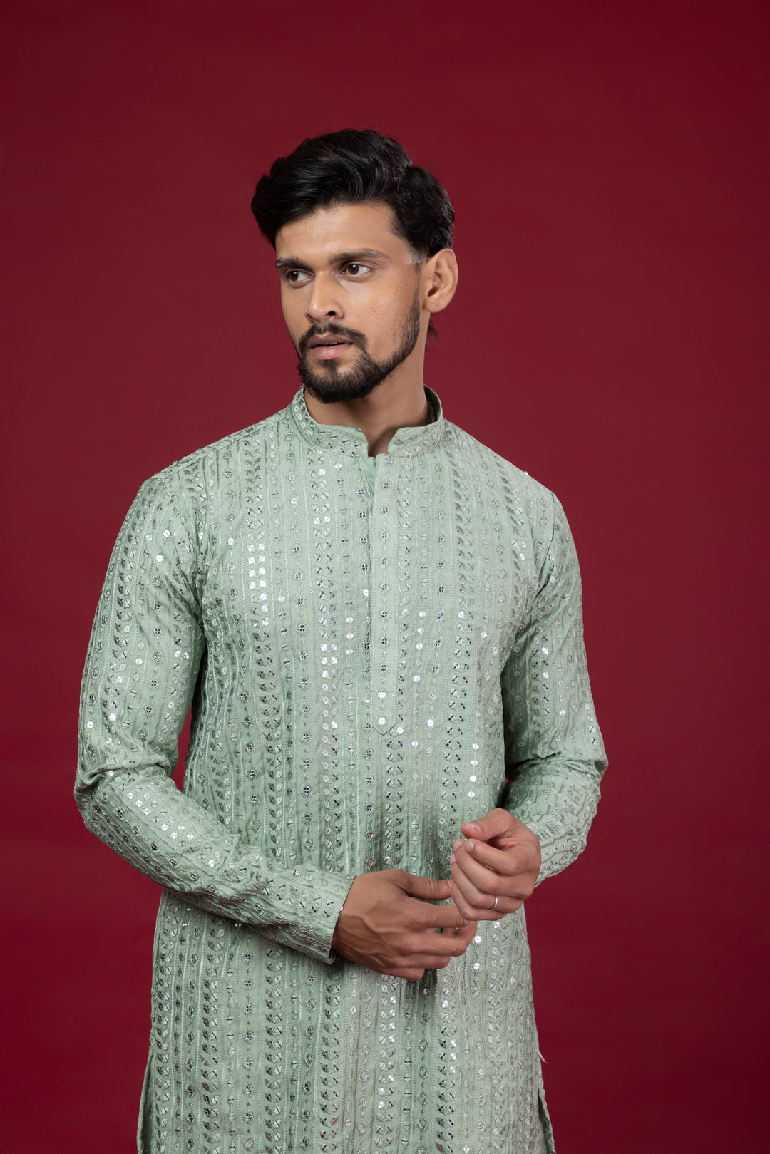 Sequin Mirror Look Green Kurta Set