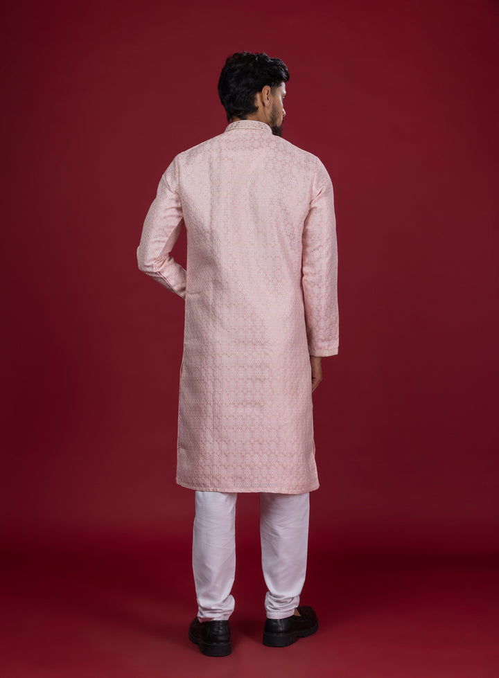 Peach Handwork Self Design Kurta Set