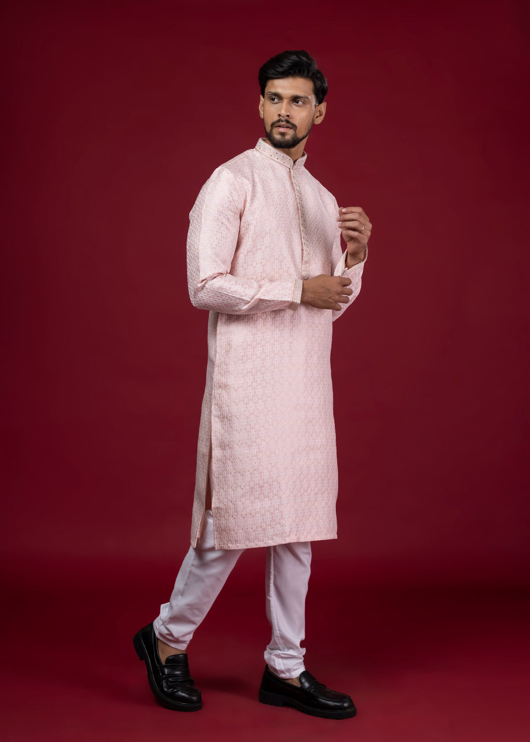 Peach Handwork Self Design Kurta Set