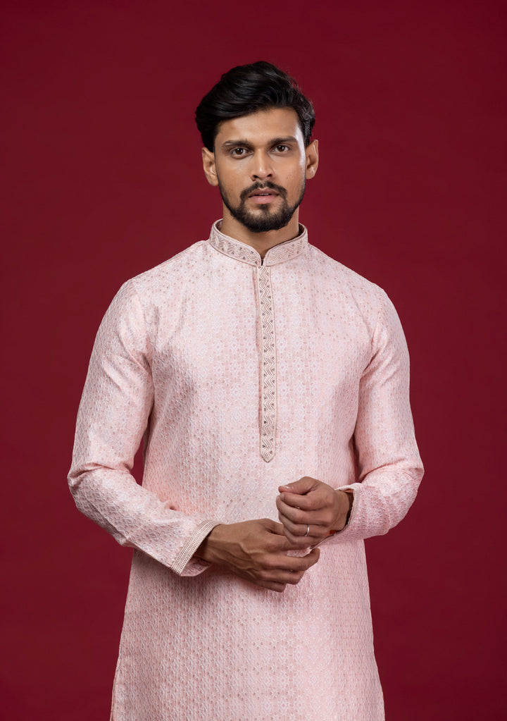 Peach Handwork Self Design Kurta Set