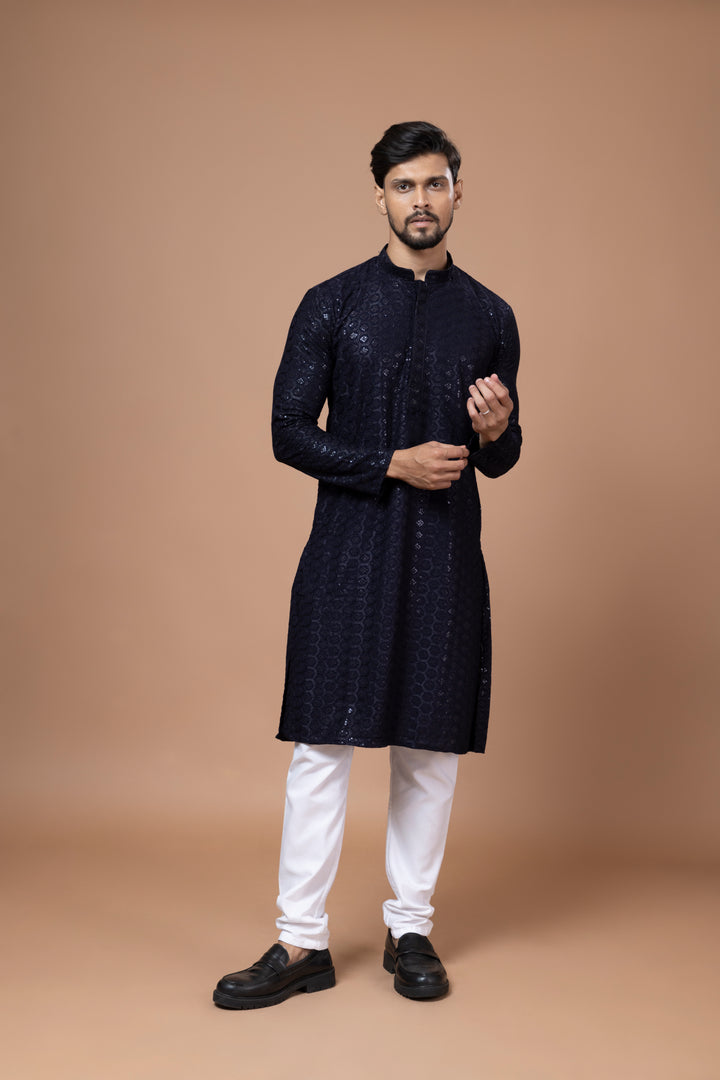 Navy Blue Chikankari Sequin Kurta Set