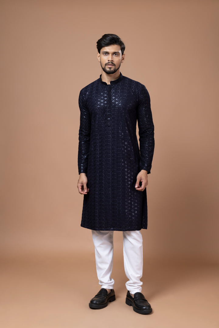 Navy Blue Chikankari Sequin Kurta Set