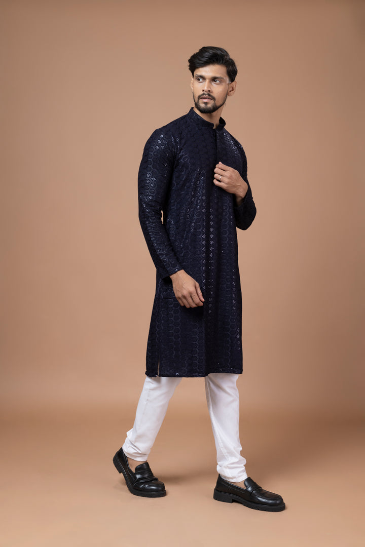 Navy Blue Chikankari Sequin Kurta Set