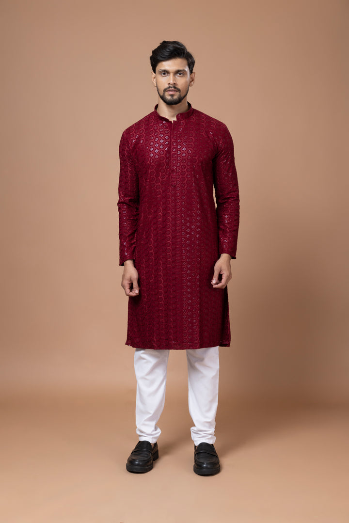 Maroon Chikankari Sequin Kurta Set